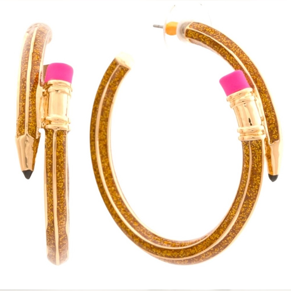 NWT ⚜️✏️⚜️ Betsey Johnson Brown Golden Tone Glittery Pencil Hoop Earrings - Picture 1 of 12